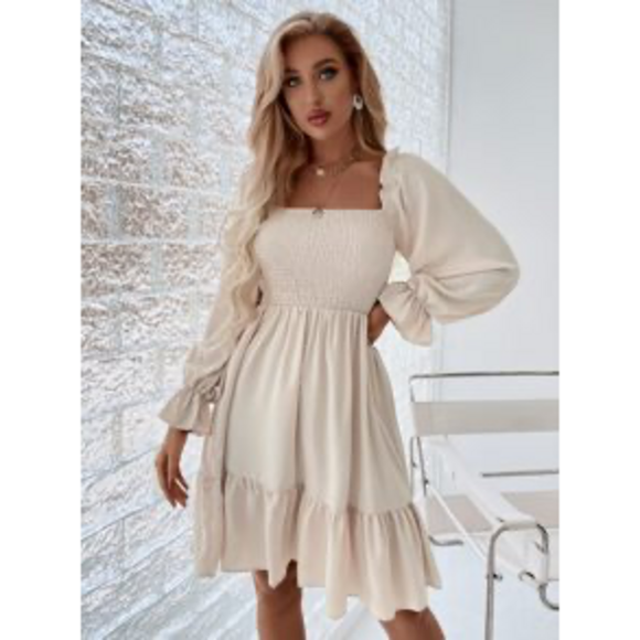 SHEIN Dresses & Skirts - SHEIN Raffinéa Square Neck Shirred Bodice Flounce Sleeve Ruffle Hem Dress in Cre